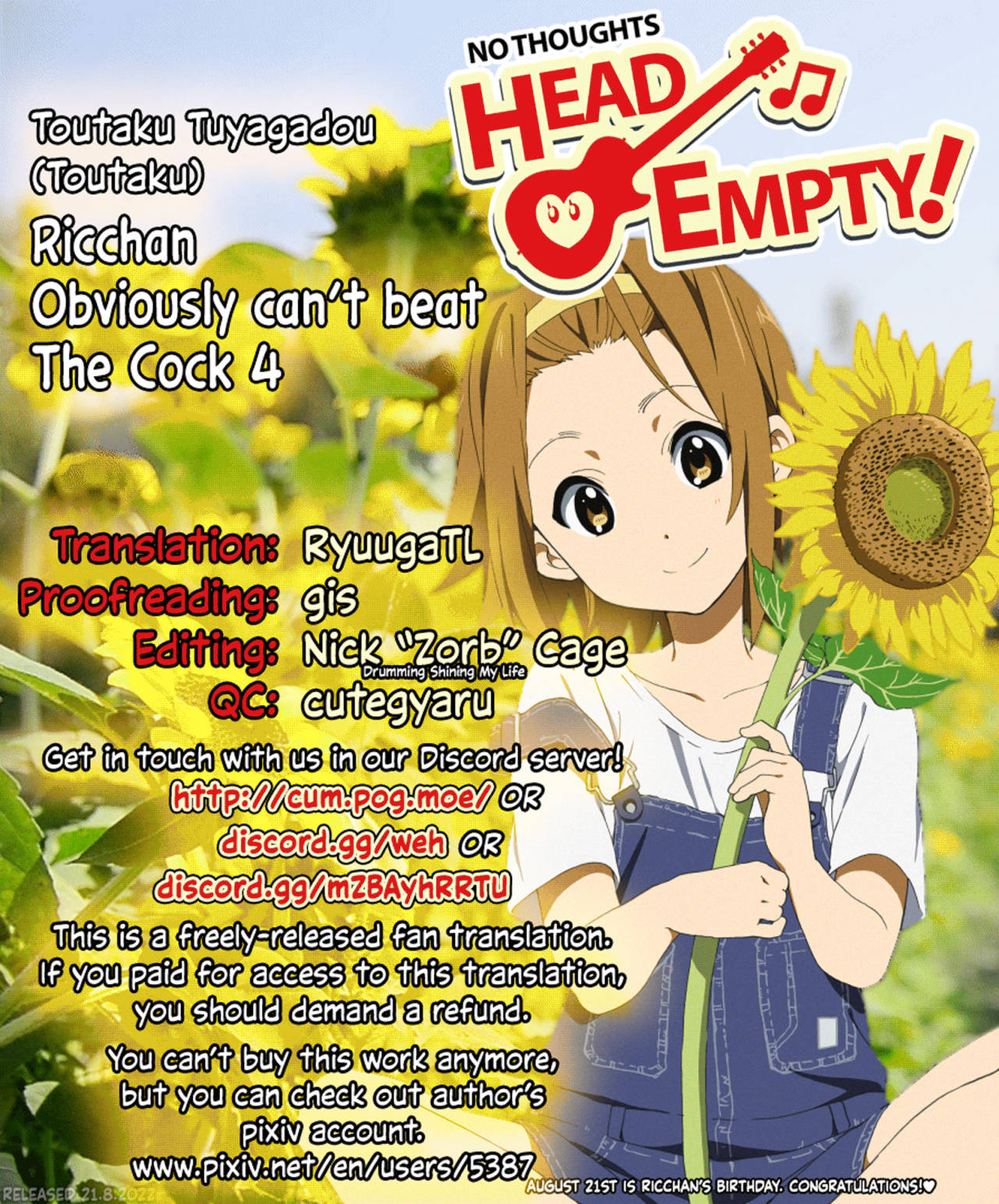 (COMIC1☆6) [Toutaku Tuyagadou (Toutaku)] R.O.T 4 Ritsu-chan wa Ookata no Yosoudoori Chinpo ni wa Katenakatta yo... | R.O.T 4 Ricchan Obviously Can’t Beat The Cock 4 (K-ON!) [head empty]