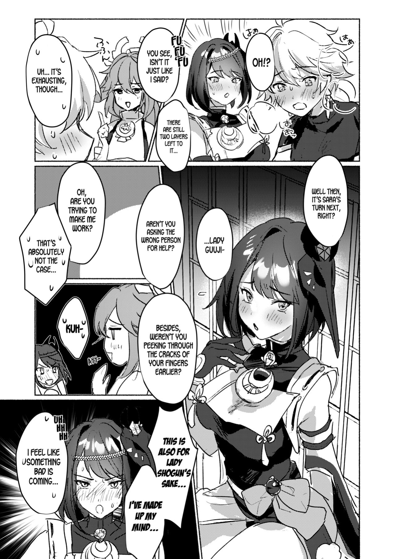 [Yabatani Land (Homina Mia)] Inazuma Gosanke to Sex Shinai to Derarenai Hikyou - Inazuma Triumvirates and the F**k or Die Domain (Genshin Impact) [LunaticSeibah]