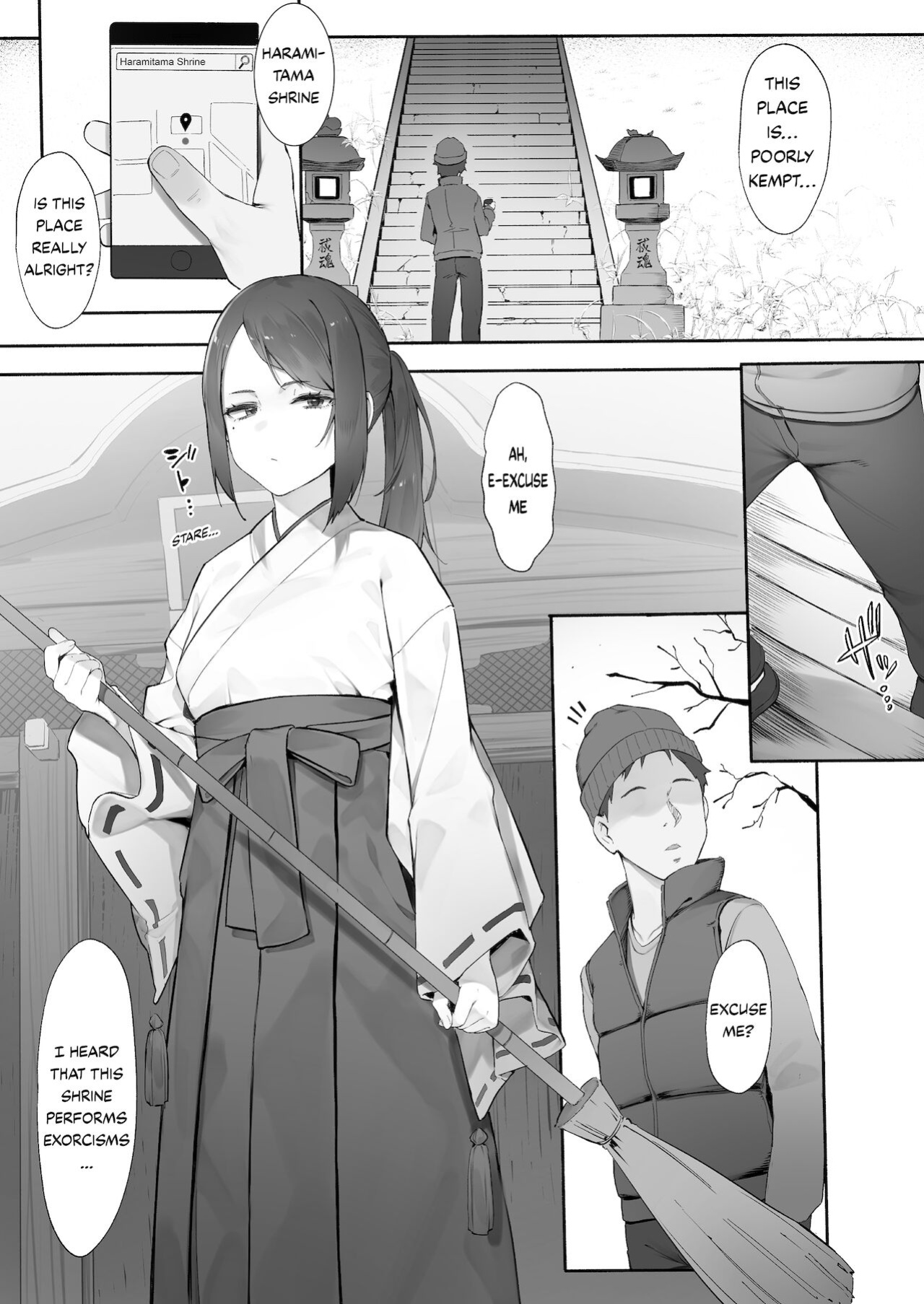 [Nigiri Usagi] Shinrei Spot ni Ittara Yabbai no ga Tsuita node Nekosogi Suidashite Morau [Zenpen] | Uprooting evil spirits at a shrine / Part1