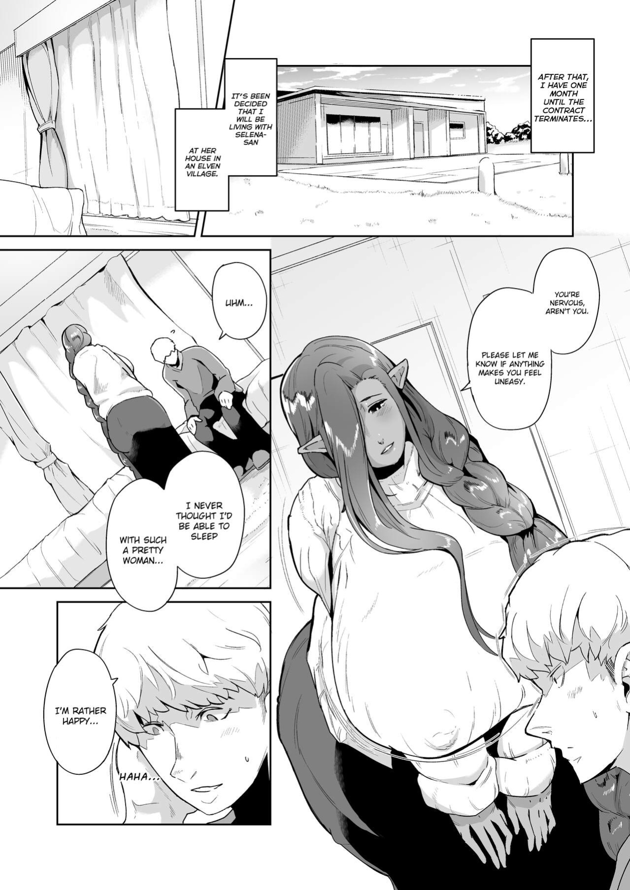 [Noumusai (Miyashiro Yousuke)] Mucchiri Dekachichi Dark Elf no Oba-san to Icha Love Fudeoroshi Seikatsu | Lovey-dovey Devirginization Life with a Big Titty Middle Aged Dark Elf Woman [Hairy Version]
