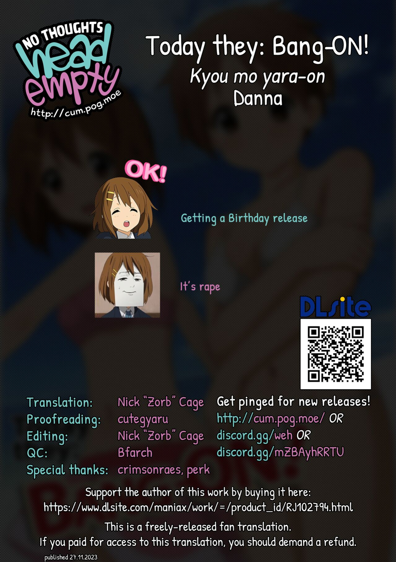 [Danna] Kyou mo Yaraon! | Today they: Bang-ON! (K-ON!) [head empty]