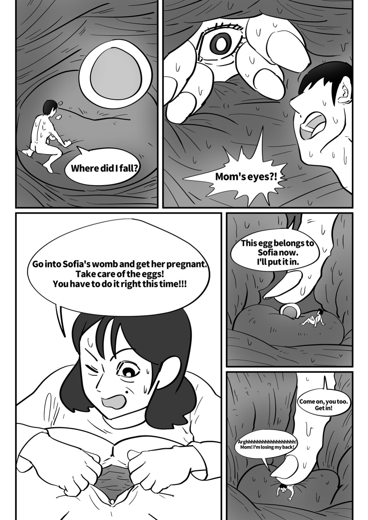 Exploration of the mother's uterus (1-7){by inside}