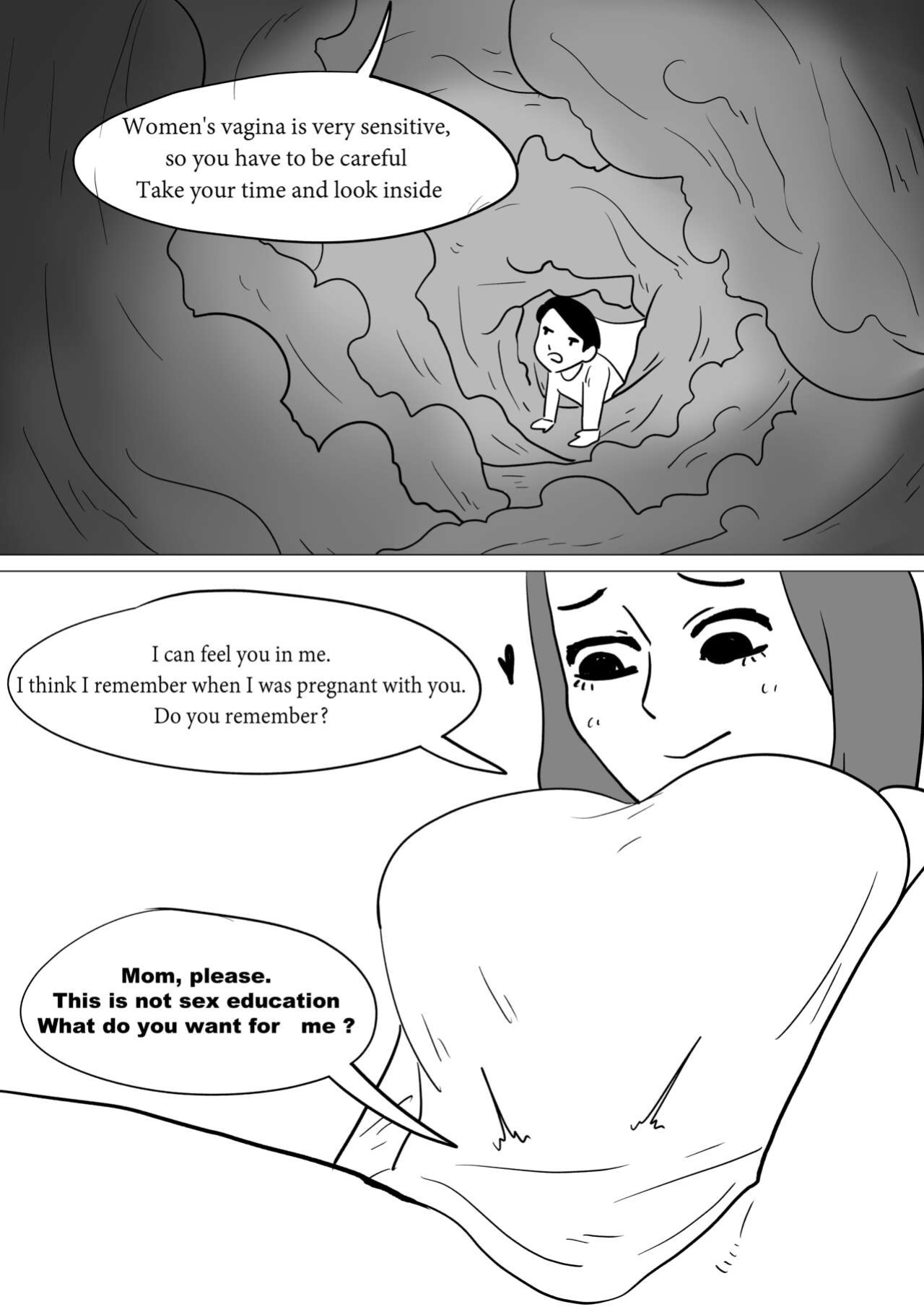 Exploration of the mother's uterus (1-7){by inside}