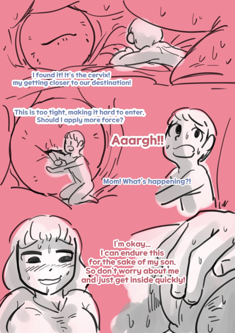 Exploration of the mother's uterus (1-7){by inside}