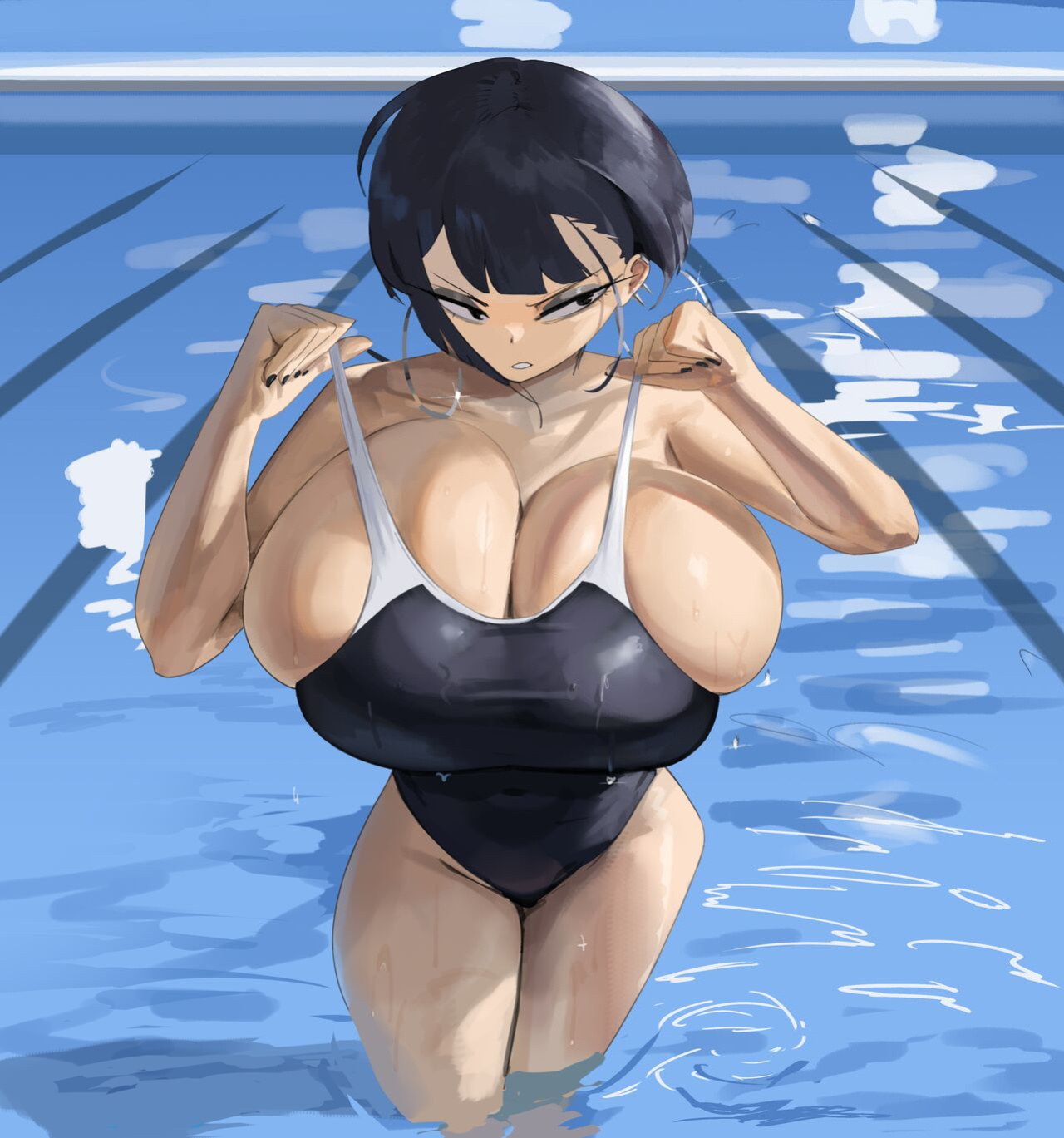 [BooruGuru] Goth swim practice + Goth practices her Breast Stroke