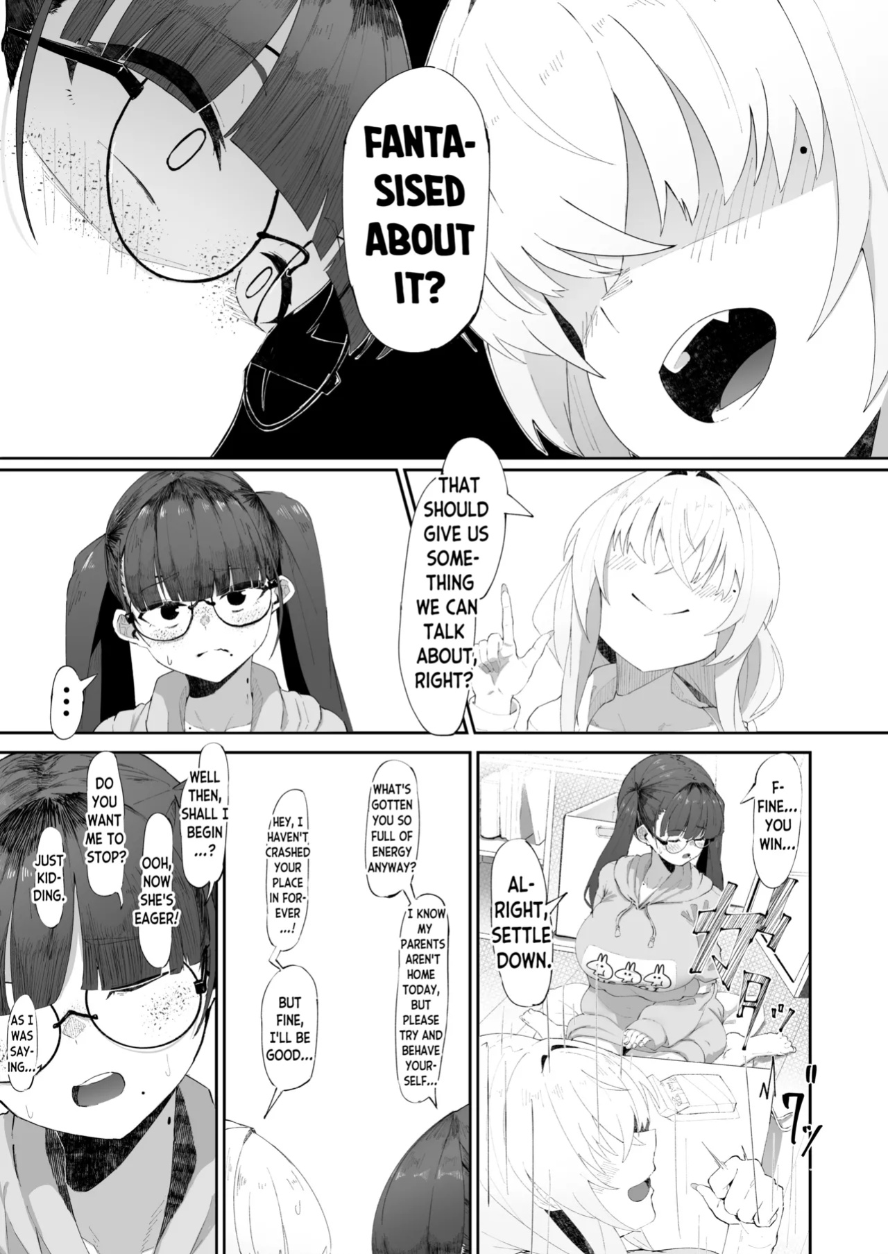 [Yotsuba no Suisou (FoN)] Koko de no Ohanashi wa Subete Mousou desu!! Jimi Kyonyuu Megane-chan to Mekakure Kyonyuu Gal-chan Futari no Yoru no Mousou Waidan | The Stories Depicted Here Are All Just Fantasies!! Plain Big Titty Glasses-chan and Covered-Eyes 