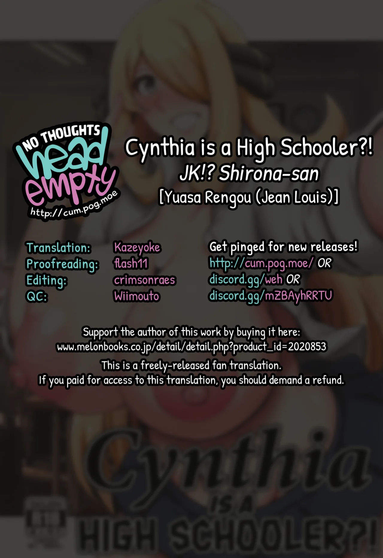 (C102) [Yuasa Rengou (Jean Louis)] JK!? Shirona-san | Cynthia is a High Schooler?! (Pokémon) [head empty]