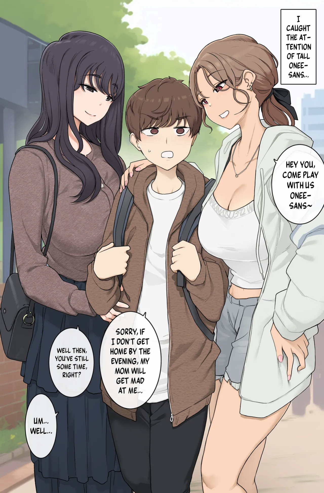 [Wakamatsu] Megutai Choushin Onee-san-tachi ni Ryousoku kara Press Sarete Nigerarenai Sex | Sex Where I'm Sandwiched Between Tall, Busty Onee-sans and Unable to Escape