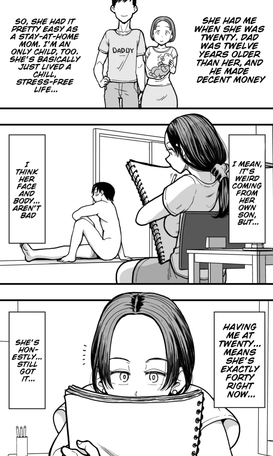 [polbockle] I was acting as a nude model for my mom, but then... I caught a glimpse of her panties, got a boner, and well... [Ghostmilflame]