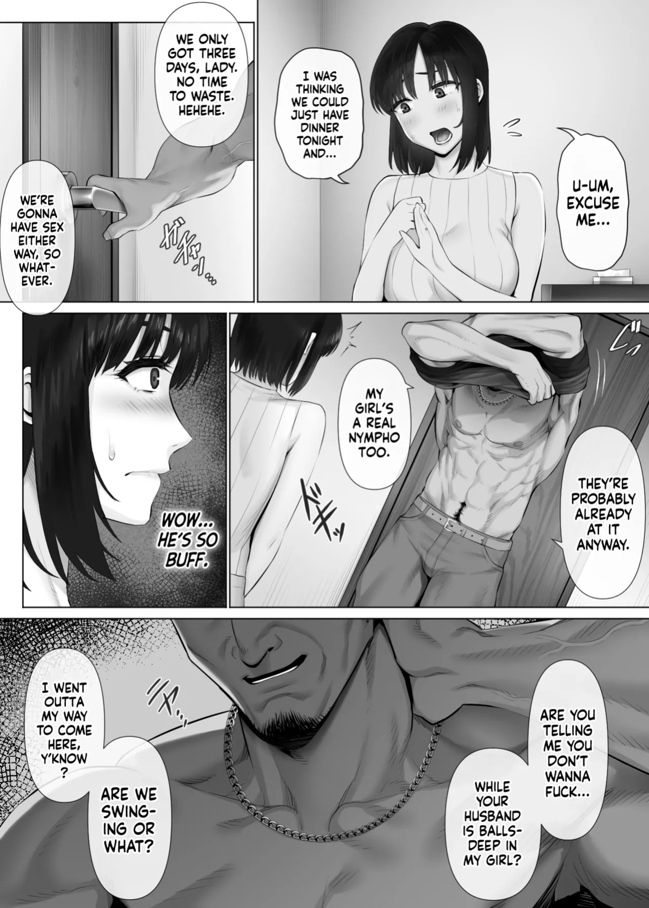 [Mitsumitsu Niku (Hikitogu)] LeveChi na Swapping 2 ~Hatsu Zecchou de Iki Kuruu Tsuma Hen~ | Swinging With the Pros 2: A Housewife's First Orgasm [English] [head empty]